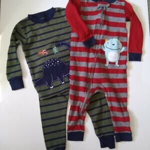 Lot of 2 Carter's Baby Pajamas Dinosaurs Stripes Monsters 100% Cotton 12 Months